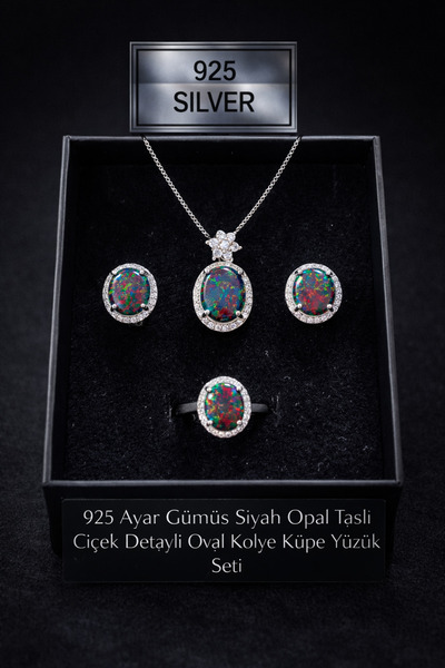 OPAL 925 Ayar Gümüş Siyah Taşlı Çiçek Detaylı Oval Kolye Küpe Yüzük Seti – Ul...