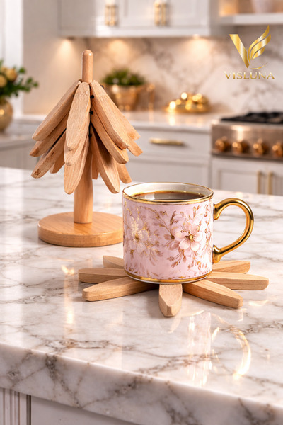 VİSLUNA 3'lü Bambu Bardak ve Tencere Altlığı, Katlanır Isıya Dayanıklı Ahşap ...