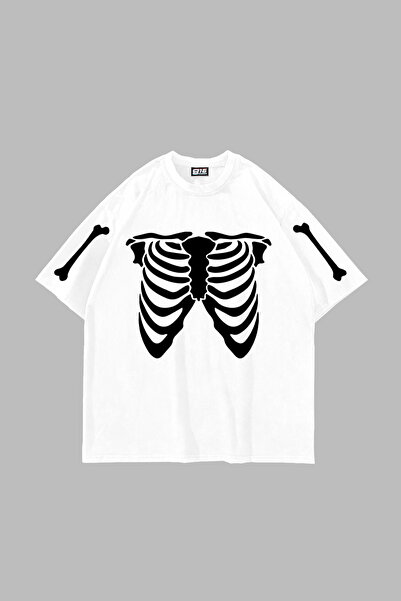 Bak Moda Ribcage Skeleton Printed Oversize Unisex White Tshirt
