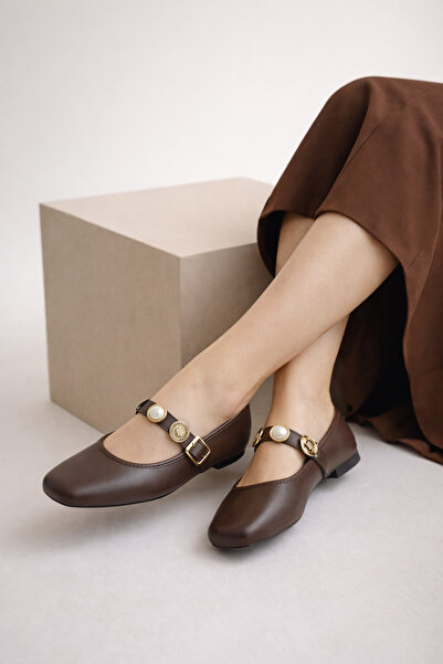 infinite8 Pantofi de balerină maro mat, stil Mary Jane - Balerini eleganți de...