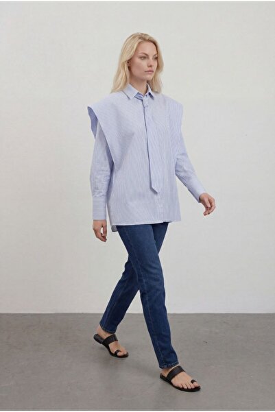 MODAMERSİ Women's Striped Blue Shirt with Tie Detail
