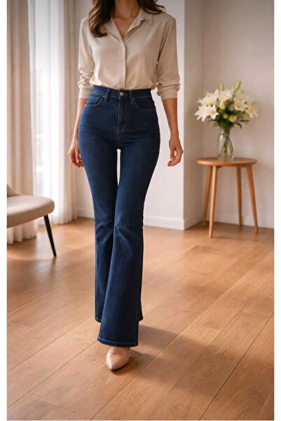 MRİABE Women's Navy Blue Spanish Flare Jeans High Waist Dark Blue Lycra