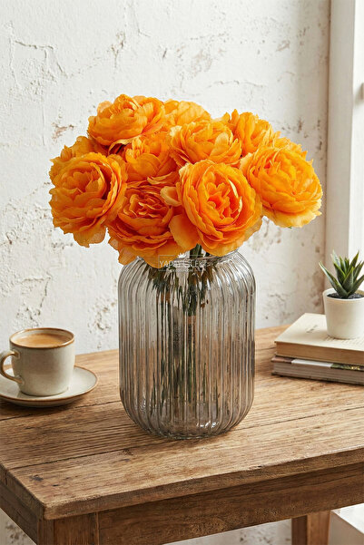 Yapay Çiçek Deposu Artificial Flower 7-Piece Tea Rose Bunch 30 cm Orange