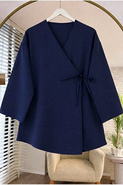 Giyim Gezegeni Navy Blue Double-Breasted Collared Hijab Tunic – Side-Tie Over...