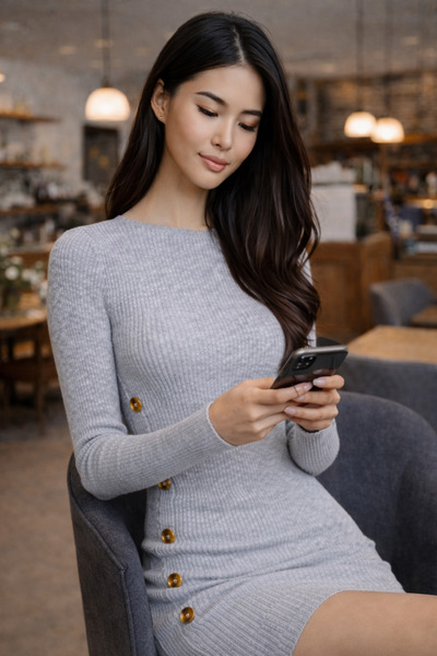 TRQOM Women's Knitwear Gray Dress Mini Long Sleeve Round Neck 2 Side Button D...