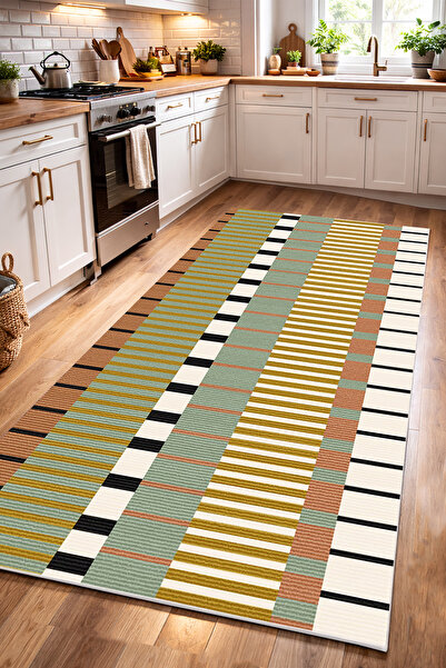 Decomia Home Dijital Kaymaz Yıkanabilir Renkli Retro Desenli Mutfak Halısı Sa...
