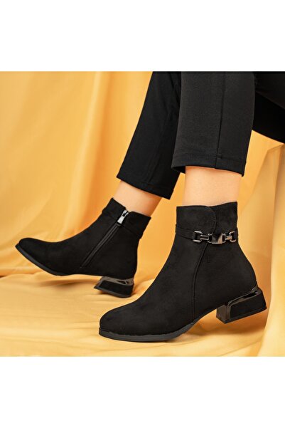 Modlet.ro Women's black suede boots with heel and decorative accessory MOD06996