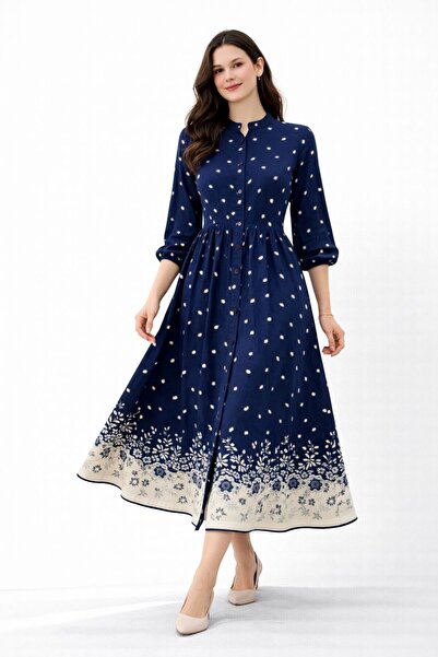 HİRA LİFE FASHİON Women's Full Button Front Crew Neck Floral Dress Valor