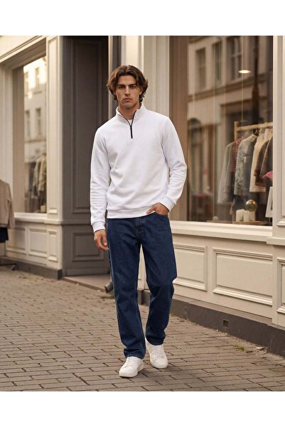 REDTAG Men Pale Grey Half Zip Sweatshirt with Chest Logo