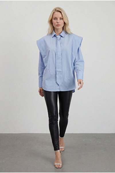 MODAMERSİ Women's Blue Tie Detailed Shirt