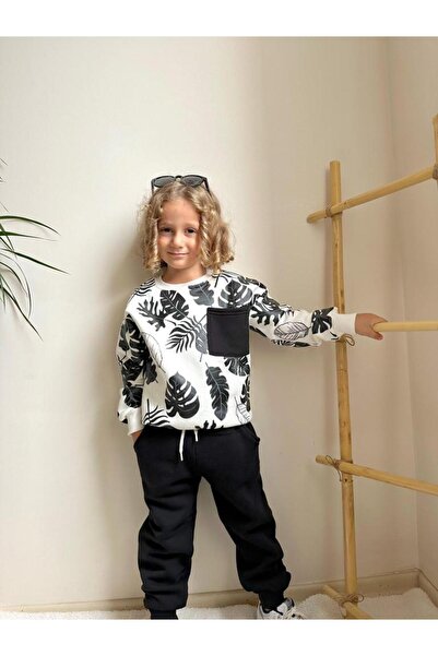 Kidsmadamiko Μαύρο χειμερινό σετ με σχέδιο φύλλων