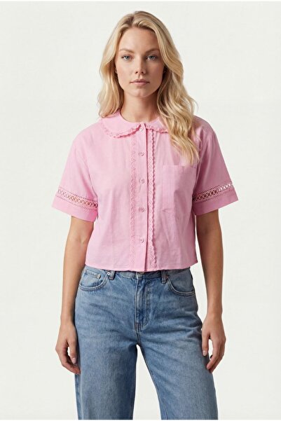 MODAMERSİ Women's Pink Lace Detailed Short Sleeve Shirt