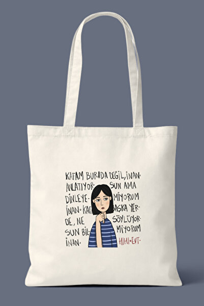 Hayali Şeyler My Head Is Not Here Printed Cloth Bag - Daily Shoulder Bag