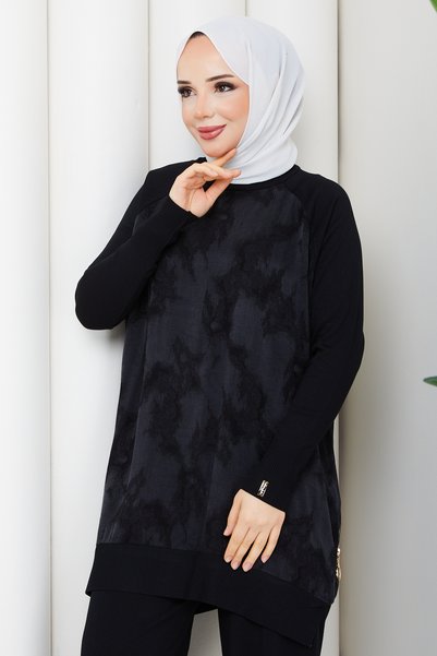 Pamuk Butik Women's Silk Kupra Cloud Patterned Trousers and Double Mercerized Knitwear Set