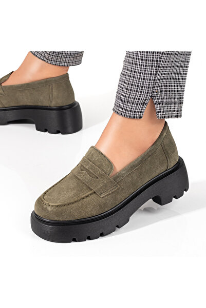 Modlet.ro Women's green suede thick-sole loafers made of leather MOD09889