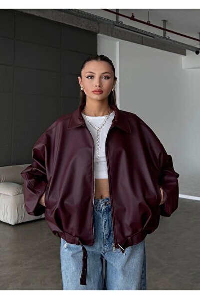 Rowsmen Kadın BORDO Oversize Deri Ceket– Oversize Fermuarlı Kemer Detaylı Gün...
