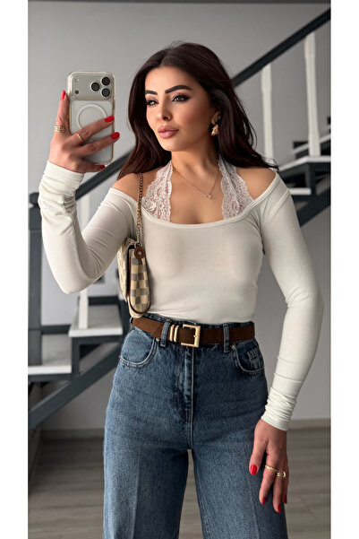 Oslove Ecru Lace-Up Boat Neck Blouse