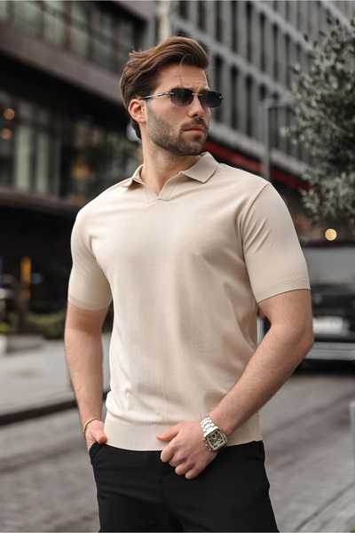 Madmext Stone Color Polo Collar Knitwear Short Sleeve Men's T-Shirt E7463