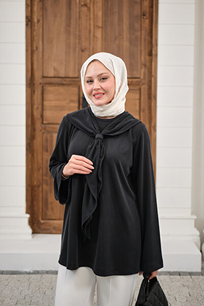 LOCCO Women's Collared Cape Tie-Up Crew Neck Tunic Black