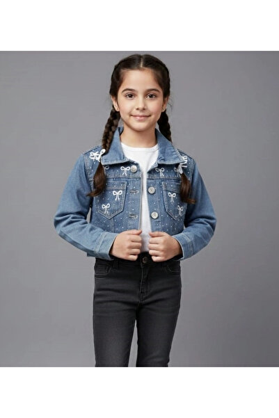 Yonca Çocuk Serci̇no Kids Girls' Bow and Stone Decorated Short Denim Jacket