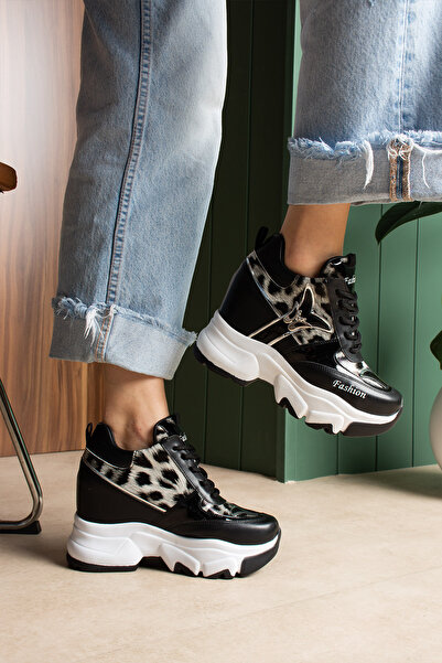 LEYDİ SHOES БЕТИС ЧЕРНИ СПОРТНИ ОБУВКИ С ПРИСКРИТ ТОК И ЛЕОПАРДОВ ПРИНТ