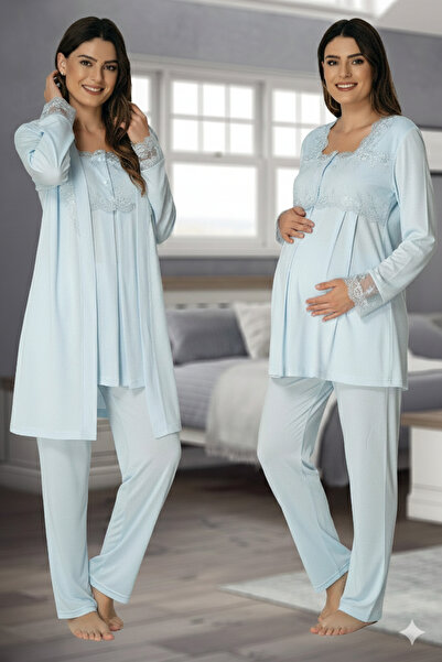 lohusahamile Lace Dressing Gown Cotton Long Sleeve Maternity Pajama Set