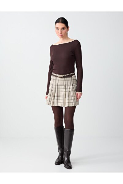 Jimmy Key Bej Melanj Yüksek Bel Ekose Desenli Mini Örme Şort Etek