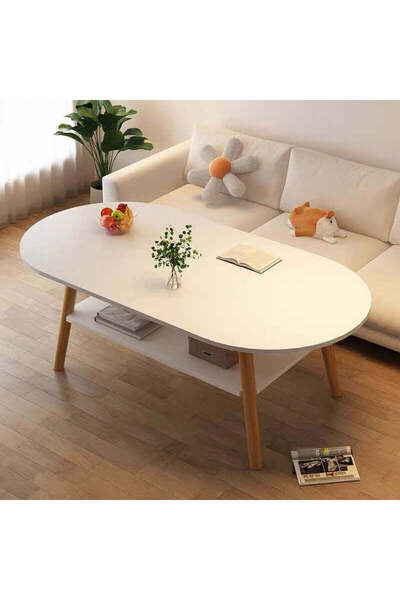 Vivendo Masuta cafea ovala Vivendo, lemn MDF, cu polita, Alb, 120x60x42cm