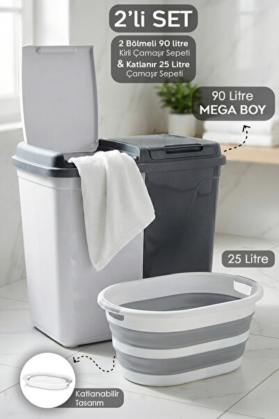 Meleni Home 2'li Çamaşır Sepeti Seti - Katlanır Akordiyon Sepet 90 Lt İki Böl...