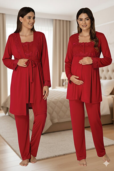 lohusahamile Lace Dressing Gown Cotton Long Sleeve Maternity Pajama Set