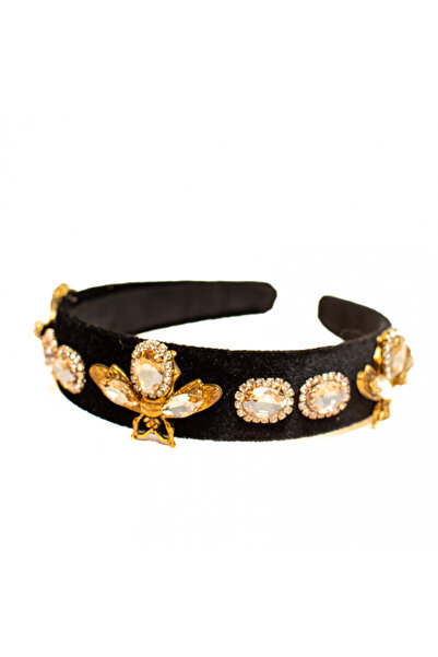 Mad Diva Black Headband with White and Beige Crystals, Regina