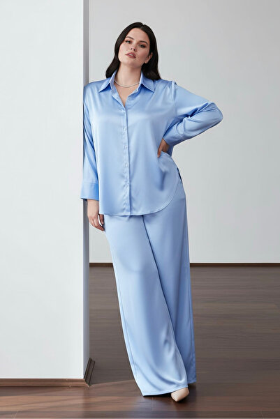 PERA MODA Plus Size Silk Satin Classic Shirt