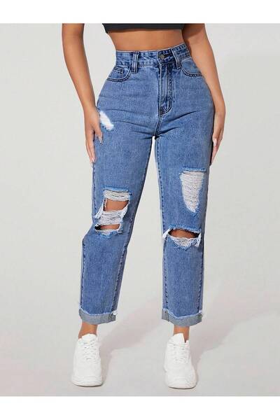 3S MODA Fully Die-Cut Laser-Cutted Denim Pants with Folded Hem and Snow Washe...