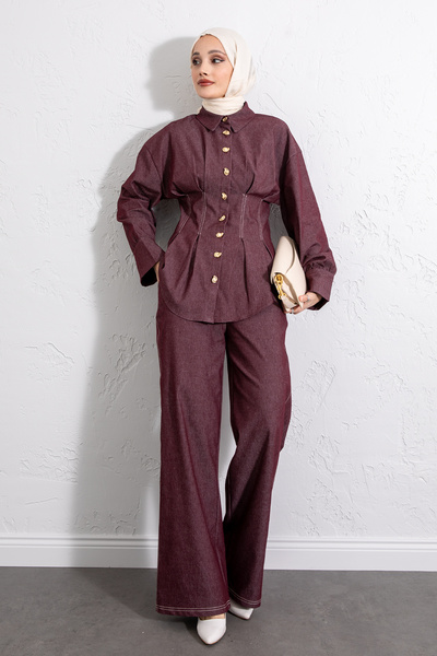 Salih Çelebi Waist Pleated Denim Suit Y0097 - Bordo