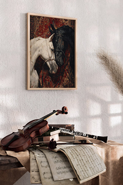 Artiera Geleneksel Bordo Halı At Resmi, Etnik Dekoratif Salon - Ahşap Çerçeve...