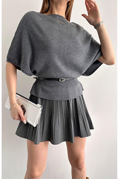 Lamierra Boat Neck Bat Sleeve Belted Sweater