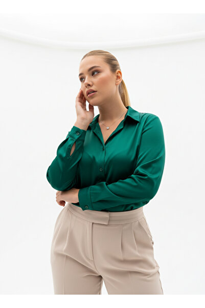 PERA MODA Plus Size Silk Satin Classic Shirt