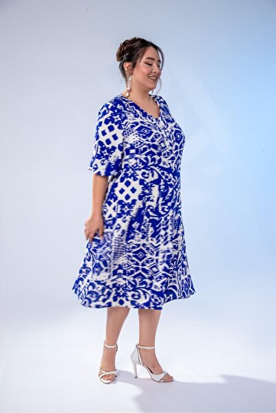 Roxxlen Γυναικείο φόρεμα με κουμπιά μπροστά σε μεγάλο μέγεθος, μπλε