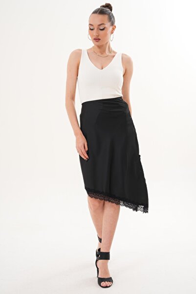 ŞİMAL Women's Lace Detailed Slit Satin Skirt 260307 -