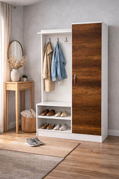 Ofisbazaar Cuier pentru hol cu dulap și rafturi pentru pantofi – Alb cu ușă decor lemn 35x90x180 cm