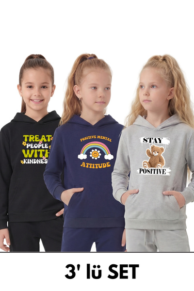 FYK KİDS Детска суитшърт с качулка, джобове тип кенгуру и смесени принтове