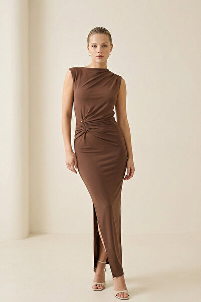 Setre Acı-Kahve Асиметрична яка Без ръкави С колан Детайлна рокля с пълна кройка
