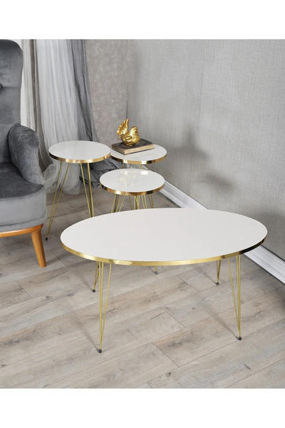 MOONCAPELLA Zigon Sehpa Ve Orta Sehpa Set Gold Metal Ayaklı Sehpa