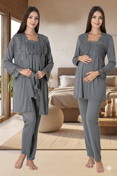 lohusahamile Lace Dressing Gown Cotton Long Sleeve Maternity Pajama Set