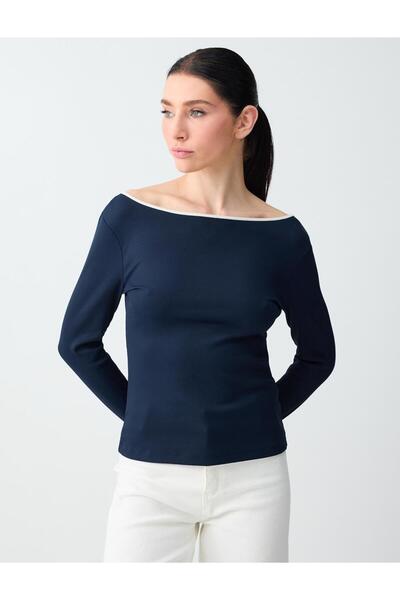 Jimmy Key Lacivert Düz Kesim Uzun Kollu Kayık Yaka Örme Bluz