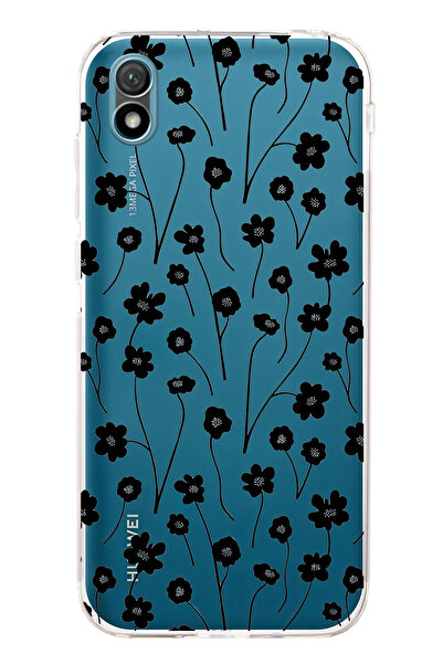 FLAMENKO حافظة هاتف شفافة متوافقة مع هاتف هواوي Y5 2019 بنمط زهرة سوداء