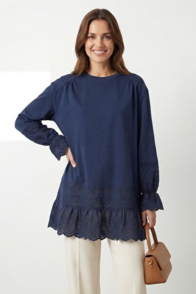 Puane Women's Ruffle Detailed Crew Neck Tunic - 10773Tun - Navy