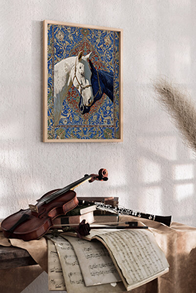 Artiera Πίνακας με οθωμανικό σχέδιο κοβαλτίου με άλογα, έθνικ διακοσμητικό γρ...
