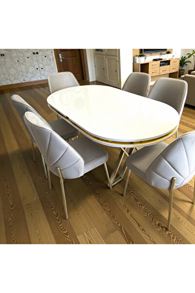 MSY HOME 4 Kişilik Nova White Gold Beyaz Masa Açık Gri Renk Modern Ve Şık Yem...