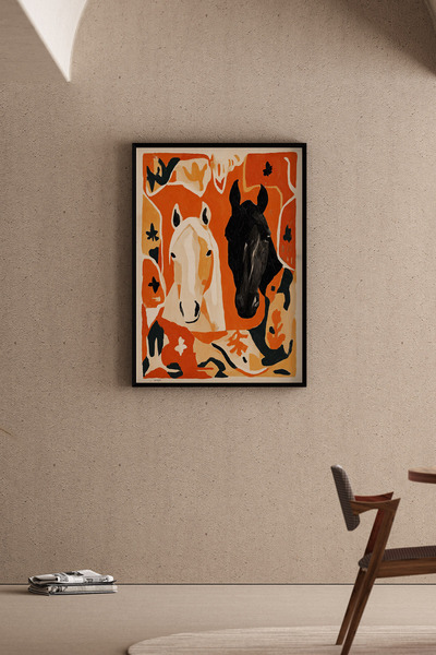 Artiera Πορτοκαλί Μαύρος Μοντέρνος Πίνακας Αλόγων, Διακοσμητικός Πίνακας Σαλο...